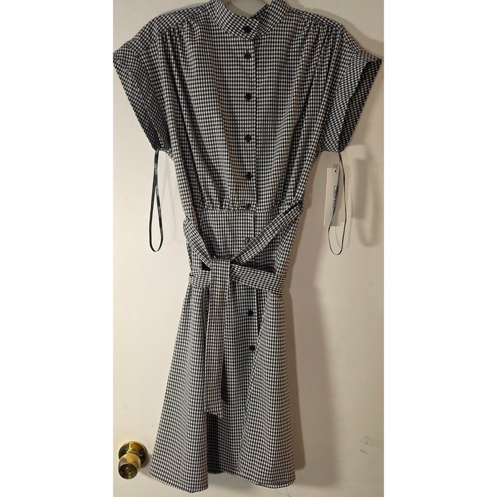 Calvin Klein Black White Gingham Mock Neck Belted Shirt Dress CD5Q2BW4 Size 10